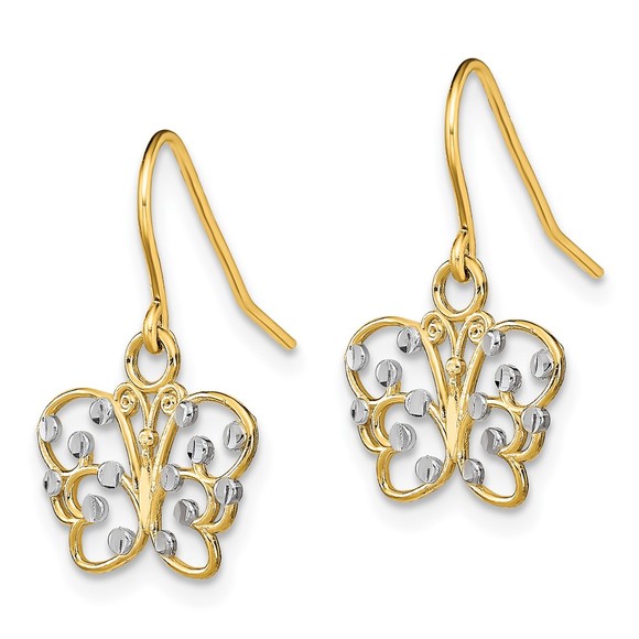 14k Yellow Genuine Gold with Rhodium Diamond-cut Butterfly Wire Earrings - Picture 2 of 4